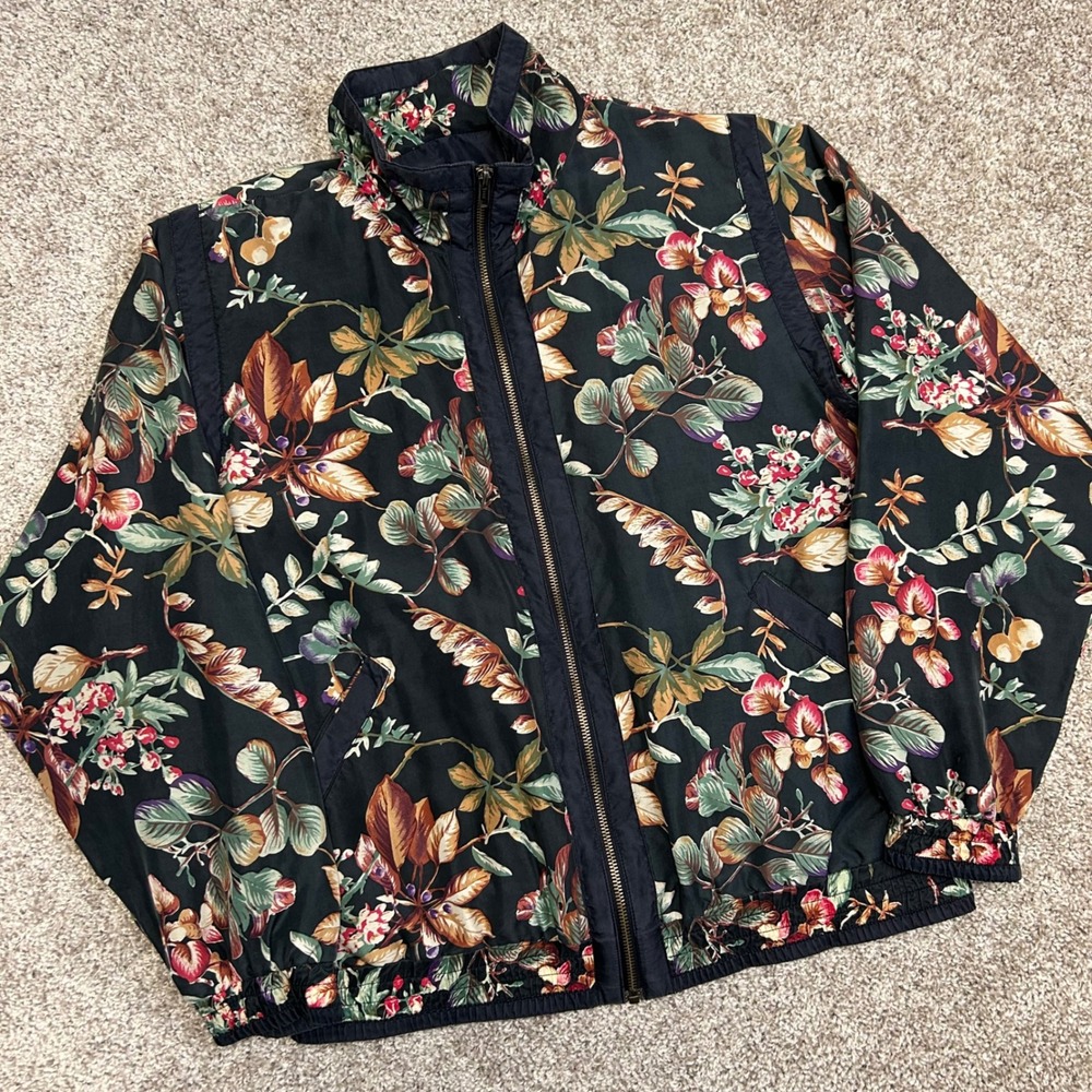 Vintage Lavon Silk Jacket‎ Woman Size Small Floral Print Full Zip 90s Pockets